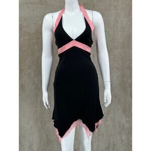 Bebe Dress Womens Small Black Pink Halter Mini Babydoll Y2K Hanky Hem Coquette